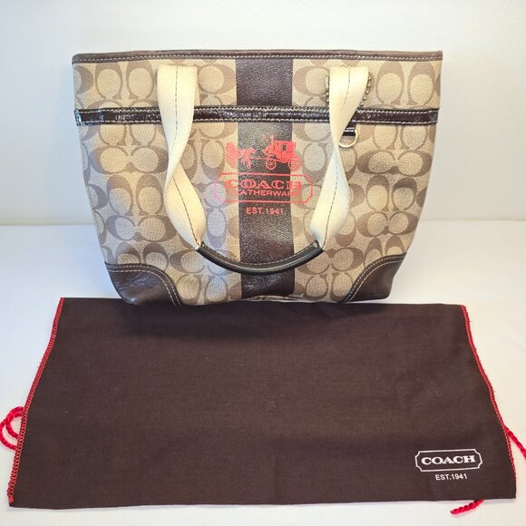 Coach Heritage Signature Stripe Tan/Brown/Red Bucket Bag - Picture 13 of 13